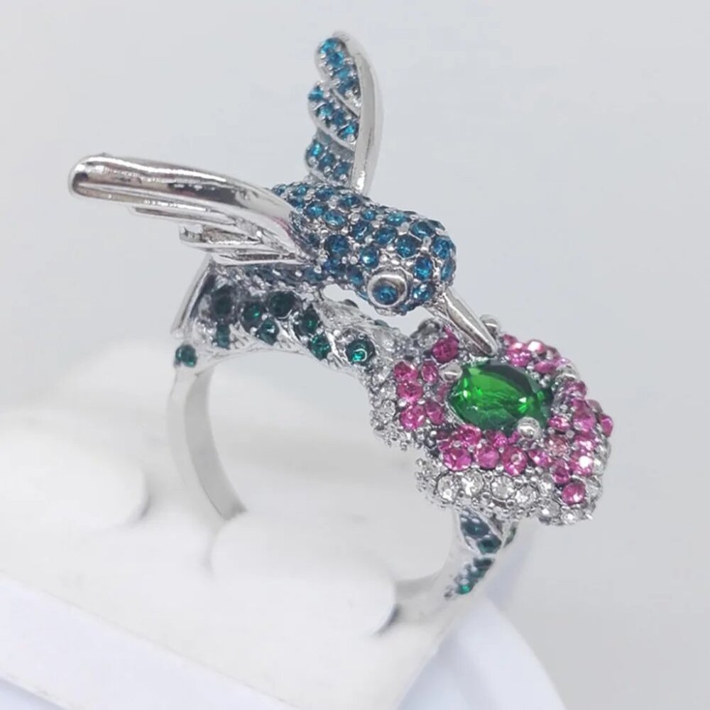Women's Rhinestone Blue Hummingbird Ring - Picture 3 of 5